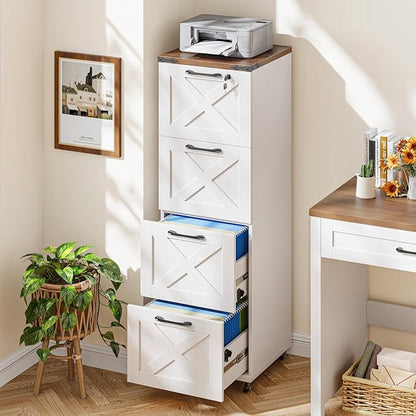 Halitaa Vertical Farmhouse Locking Rolling File Cabinet, Office Filing Cabinet with 4 Drawers & Wheels for Hanging Files Letter/A4，Printer Stand for Home Office