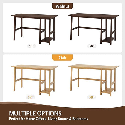 NELYE Solid Wood Computer Desk - 58" W x 24" D Modern Minimalist Table with Shelf，Sturdy Computer Workstation for Home Office, Walnut