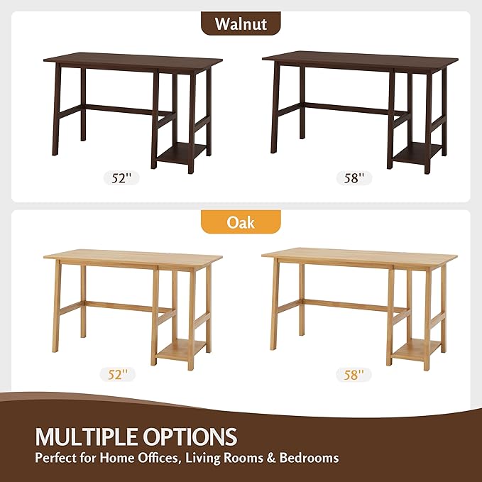 NELYE Solid Wood Computer Desk - 52" W x 24" D Modern Minimalist Table with Shelf，Sturdy Computer Workstation for Home Office, Walnut