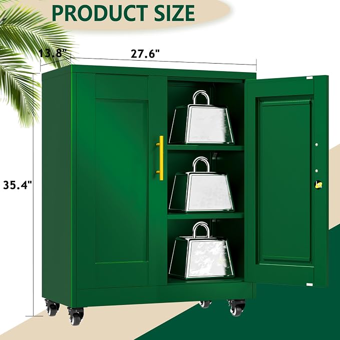 winiowa 36" Mobile Metal Storage Cabinet with Lock, Locking File Cabinet with 2 Adjustable Shelves & Wheels, Green Lockable Organizer for Home Office/Garage