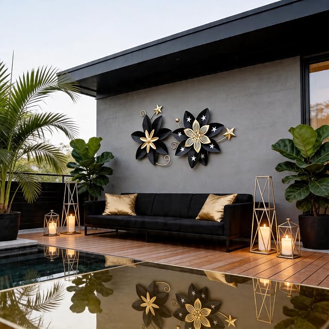 LIFFY Metal Flower Wall Decor, Black & Gold Floral Metal Wall Art for Indoor Outdoor,Black Wall Decor Boho Modern Wall Decor for Bathroom, Living Room, Bedroom, Porch, Garden, Yard (Black & Gold 2)