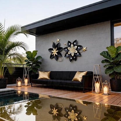 LIFFY Metal Flower Wall Decor, Black & Gold Floral Metal Wall Art for Indoor Outdoor,Black Wall Decor Boho Modern Wall Decor for Bathroom, Living Room, Bedroom, Porch, Garden, Yard (Black & Gold 2)