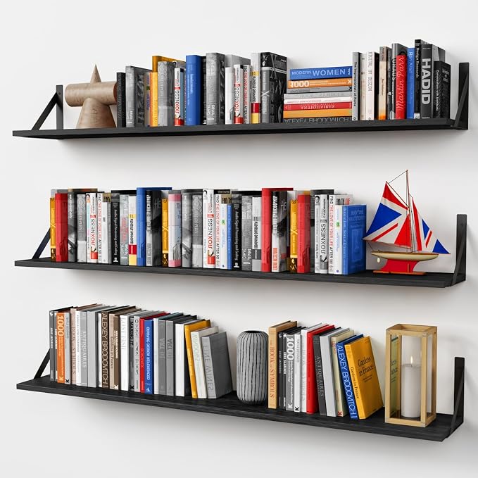 Forbena 48 Inch Long Floating Book Shelves for Wall Set of 3, Black Wall Bookshelves for Living Room, Large Heavy Duty Wood Wall Mounted Hanging Bookshelf for Bedroom Office Library Classroom