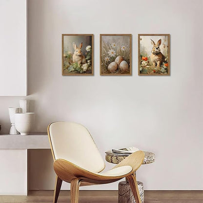 Vintage Easter Bunny Wall Art Set of 3, Spring Easter Rabbit Eggs Canvas Wall Decor Paintings, Rustic Farmhouse Animal Artwork Prints Pictures for Living Room Bedroom Bathroom 16x24 Inch Framed