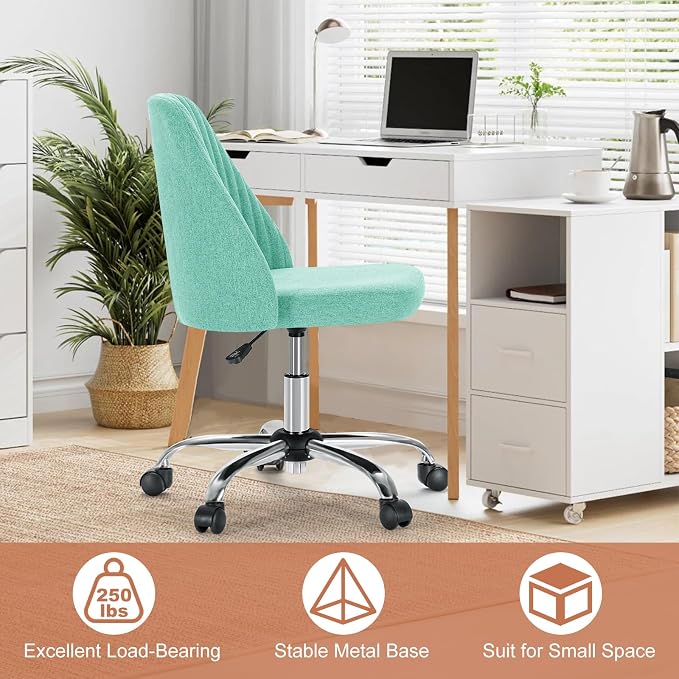 DUMOS Office Chair, Comfy Desk Chair Rolling Vanity Swivel Task Chairs with Wheels, Wide Seating Armless Height Adjustable Computer Chairs for Home,Bedroom,Student,Adults, Green