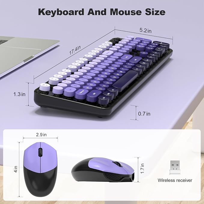 Wireless Keyboard and Mouse Combo, 2.4GHz Gradient Colorful Full-Size Retro Typewriter Keyboard with Wireless Mouse for PC/Desktop/Laptop/Windows (Black Purple)