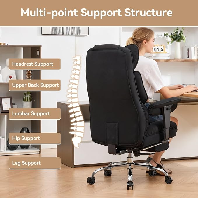 Efomao Executive Office Chair, Mesh Black Fabric Big and Tall Desk Chair | Breathable fabric, pocket spring & foam seat, retractable footrest, 135° recline for computer gaming setup