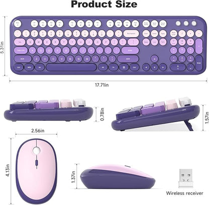 Atelus Wireless Keyboard and Mouse, 2.4G USB Retro Full Size Typewriter Keyboard and Cute Mouse Combo for Windows 7/8/10, Laptop, Desktop, PC, Computer (Purple)