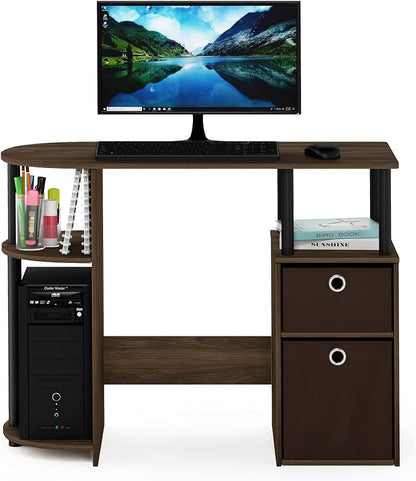 Furinno JAYA Desk, 38.4" Wide Gaming Desk with Bin Drawers, Computer Desk with Side Shelf, Office Desk for Study, Home Office, Bedroom, Dorm, Study Room, Columbia Walnut