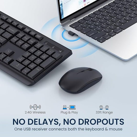 Wireless Keyboard and Mouse Combo, COLIKES 2.4G USB Cordless Mouse and Keyboard, 3 Level DPI Slim Ergonomic, Responsive Plug & Play for Computer Laptop PC - Full Size
