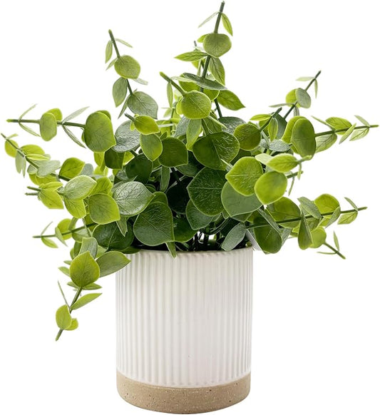 Coferset Small Fake Plants Eucalyptus Potted Artificial Plants Faux Plant Greenery in Ceramic Pot for Bedroom Kitchen House Living Room Shelves Farmhouse Table Office Desk Bathroom Home Indoor Decor