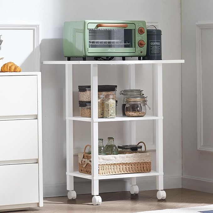 YUFAM White 3 Tier Home Printer Stand with Storage, Wooden Mobile Printer Table Shelf, Rolling Printer Cart Shelf with Lockable Wheels fit Fax Machine, Scanner