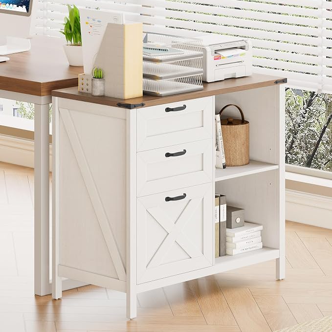 Halitaa 3 Drawer File Cabinet, Farmhouse Lateral Filing Cabinet Fits Files Letter or A4 Size, Wooden Printer Stand with Open Storage Adjustable Shelf for Home Office, White and Brown