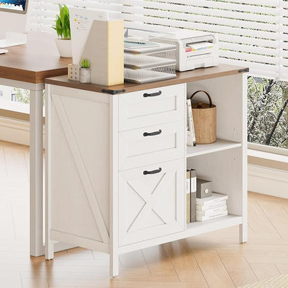 Farmhouse Lateral Filing Cabinet with 3 Drawers and Open Shelf, Lateral File Cabinet with with File Drawer for Letter/A4 Hanging File, Large Printer Stand for Home Office, Living Room, Rustic White
