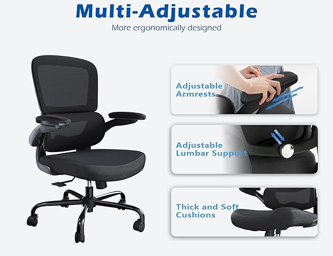 TRALT Ergonomic Office Chair - Desk Chair with Adjustable Headrest Lumbar Support Computer Chair - Mesh Comfy Chair with Flip-up Armrests - Gaming Chair for Adults Home Office PU, Black, Pack of 4