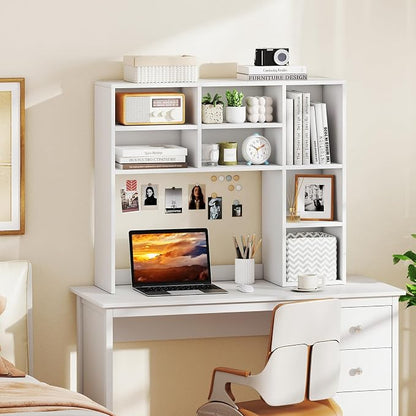 GOFLAME 7 Cubes Desktop Bookshelf, 37” Desk Organizer Shelf with 3 Adjustable Shelves, 3-Tier Wood Countertop Display Rack, Multipurpose Tabletop Desk Hutch for Dorm, Home Office, White