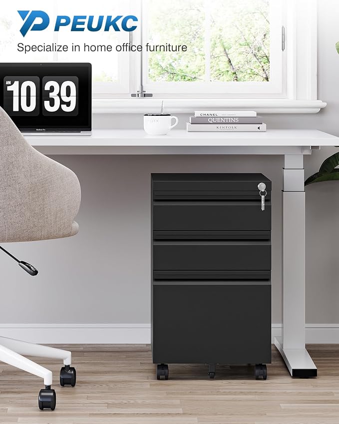 PEUKC 3 Drawer File Cabinet with Lock, Metal Under Desk Rolling Filing Cabinet fits Letter/Legal/A4 Size for Home Office, Mobile Filing Cupboard, Black