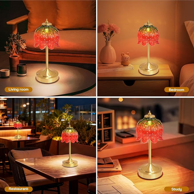 Cordless Lotus Flower Table Lamp, 5200mAh Rechargeable Battery Operated Portable Lamp, 3-Color Dimmable Touch Control Small Desk Lamp for Bedroom, Office, Kitchen, Nightstand,Room Decor (Strawberry)