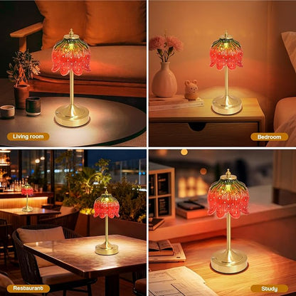 Cordless Lotus Flower Table Lamp, 5200mAh Rechargeable Battery Operated Portable Lamp, 3-Color Dimmable Touch Control Small Desk Lamp for Bedroom, Office, Kitchen, Nightstand,Room Decor (Strawberry)