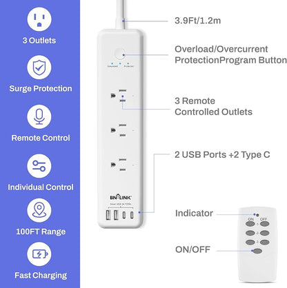 BN-LINK Remote Control Power Strip with 3 Independent Outlets，4 USBs (incl. 20W USB-C), 3.9Ft Extension Cord, 15A/1875W Overload Protection, Wall Mount, for Home, Office, ETL Listed, 1200J