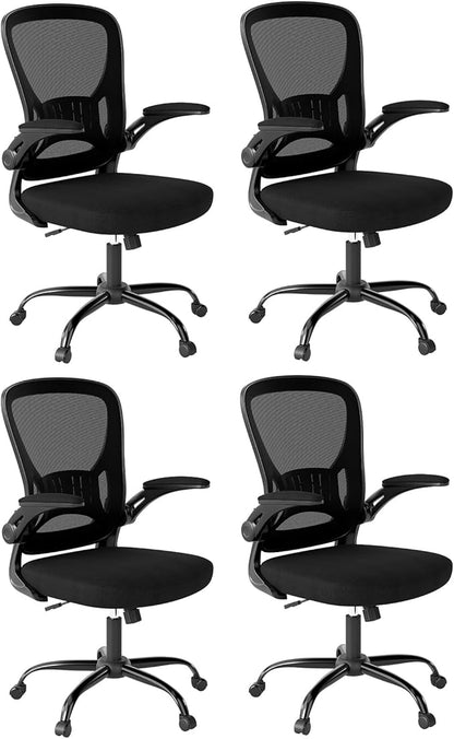 Youhauchair Office Chair Set of 4, Ergonomic Home Office Desk Chairs with Flip-up Arms and Lumbar Support, Height Adjustable, Black