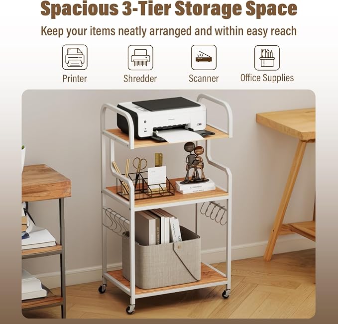 GOFLAME 3-Tier Mobile Printer Stand, Rolling Printer Table with Storage Shelves, 10 S-Shaped Hooks, Lockable Wheels, Home Office Rolling Cart for Shredder, Scanner, Fax (Natural + White)