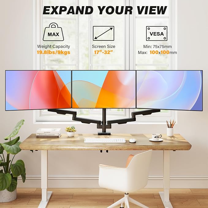 5Rcom Triple Monitor Mount Stand for 17-34 inch Computer Screens, Full Motion Monitor Dual Monitor Arms, Dual Monitor Arms Hold up to 22lbs, Gas Spring Monitor Stand, 75/100mm VESA Mount