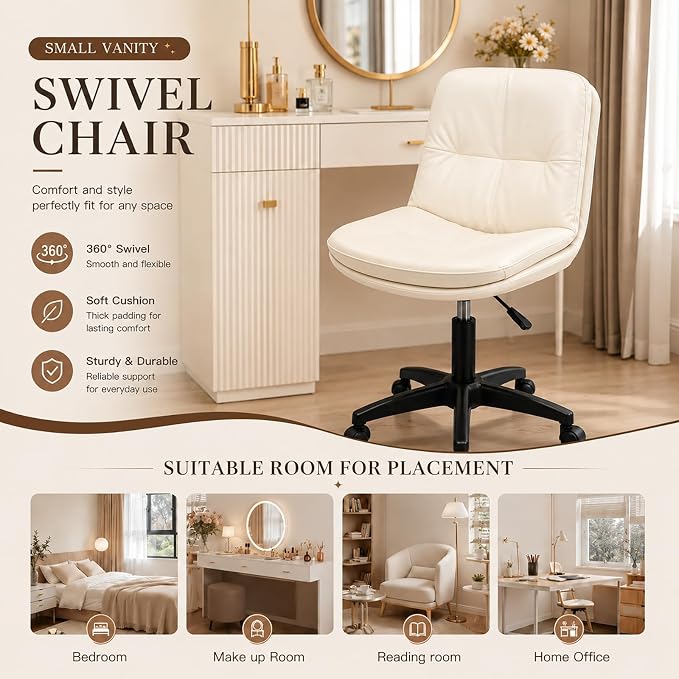 Vanity Chair with Back, PU Leather Swivel Office Desk Chair, Height Adjustable Armless Chair for Small Spaces, Bedroom, Vanity, Home Office Beige