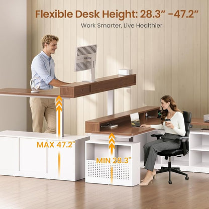 SEDETA L Shaped Electric Standing Desk, 63 inch Gaming Computer Desk with Storage Shelves and LED Lights, Height Adjustable Office Desk with Power Outlet and Pegboard, Brown Desktop