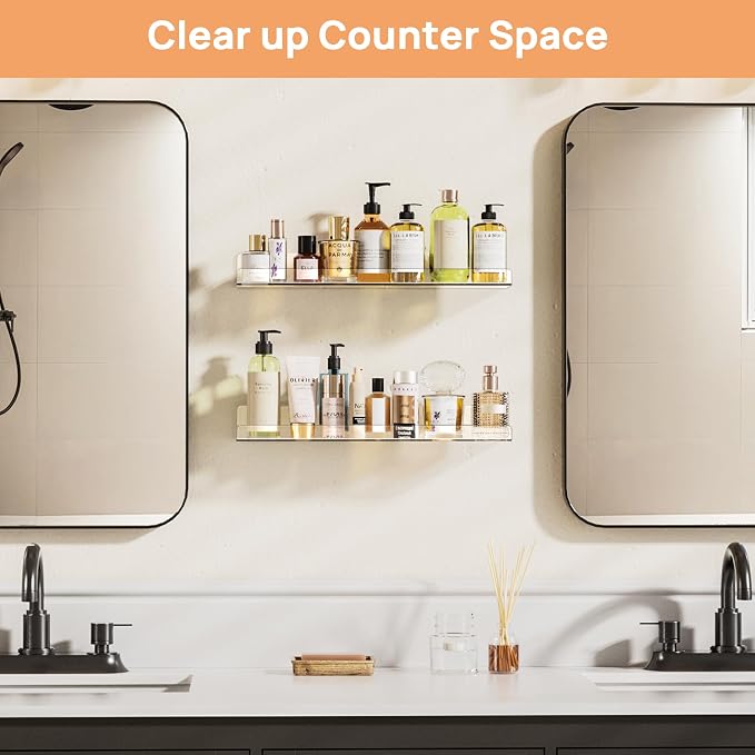 upsimples Acrylic Shelves for Bathroom Storage, 15" Floating Shelves Wall Organizer for Perfume, Make up, Skincare, Kids Bookshelf for Bedroom, Nursery, Living Room Decor, Clear, 2 Pack