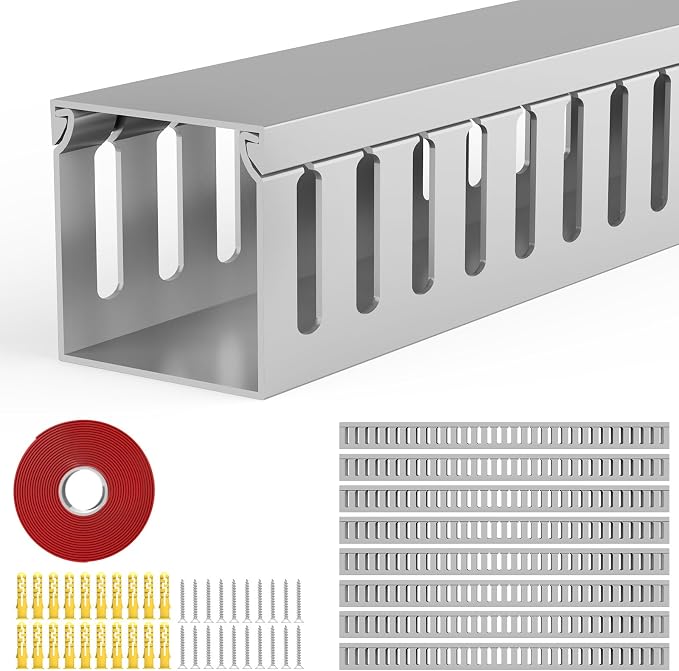 Open Slot Wiring Raceway Cable Duct, 123in Cable Management Channel Cord Track,Desk Wire Channel, Under Desk Cable Management to Hide Cables, Wires for Computers (Grey, 1.57" Hx1.57 W, 15.4''L(8 Pc))