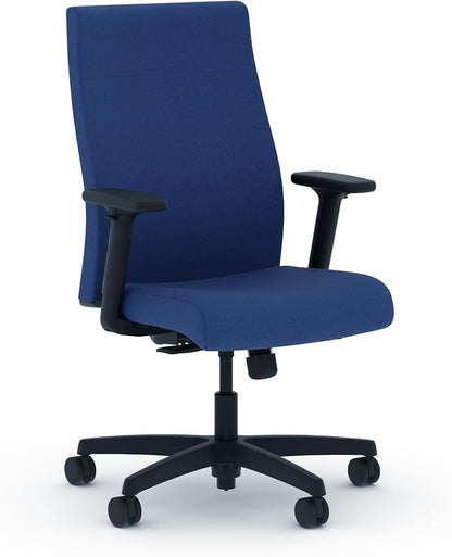 HON Ignition 2.0 Ergonomic Office Chair with Adjustable Arms, Standard Synchro‑Tilt Recline, Upholstered Desk and Computer Chair for Home Office or Workstation, Black Frame, Indigo