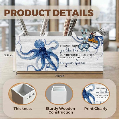 Friends Gifts Pencil Pen Holder for Desk Organizer, Friendship Gifts for Women Men, Coastal Beach Octopus Wooden Box Decorations for Home Office Bedroom Desk Tabletop Decor