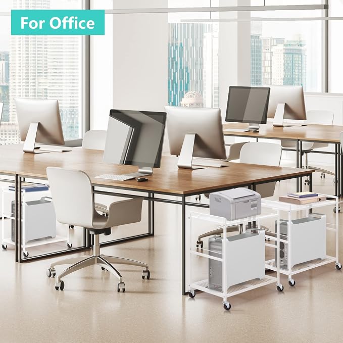 YBING Computer Tower Stand White PC Tower Stand 2 Tier CPU Holder with Wheels Metal Mobile Computer Tower Cart Rolling PC Cart Floor for Fax Home Office