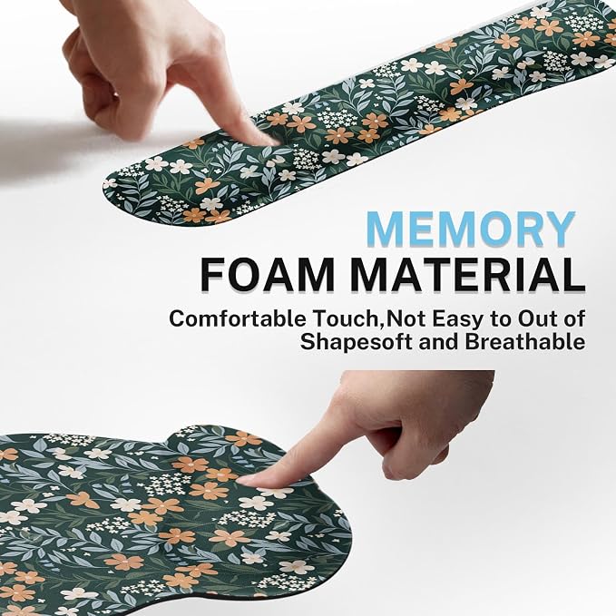 Britimes Green Florals Keyboard Mouse Pad Set Vintage Flower 4in1 Large Mousepad+Keyboard Wrist Rest+Mouse Wrist Rest+Coaster Ergonomic Design for Home Office Computer 35.4x15.7 inches