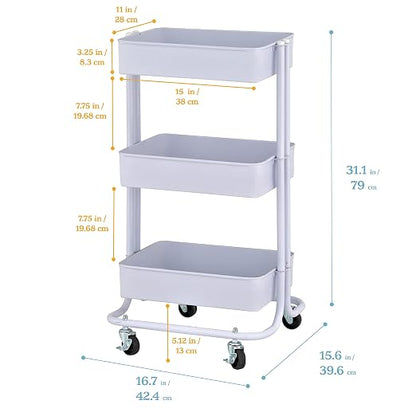 ECR4Kids 3-Tier Metal Rolling Utility Storage Cart, Multipurpose Organization, White
