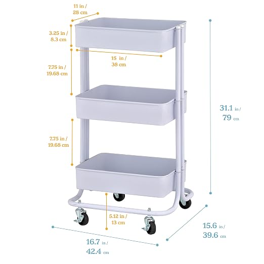 ECR4Kids 3-Tier Metal Rolling Utility Storage Cart, Multipurpose Organization, White
