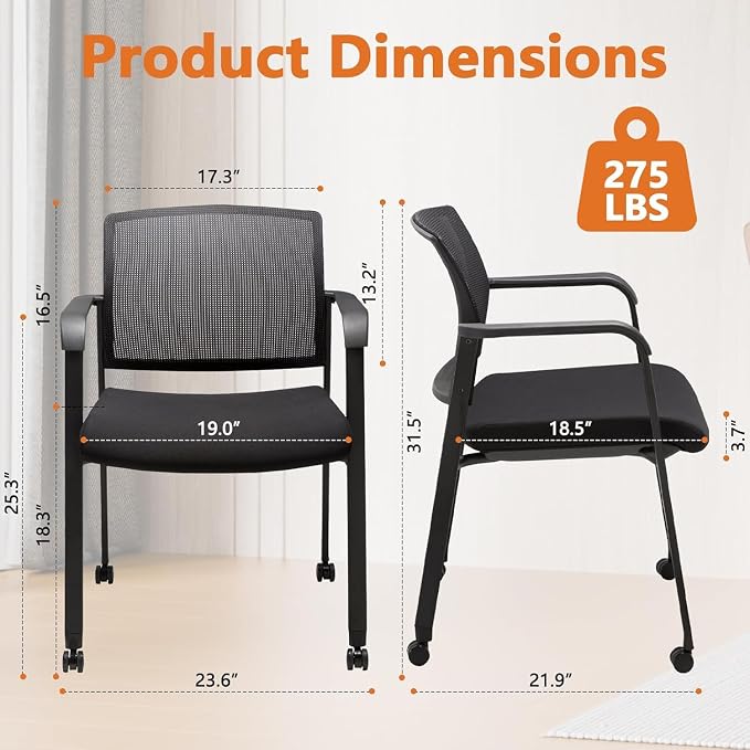 CLATINA Stacking Conference Room Chairs with Wheels, Mesh Back and Ergonomic Lumbar Support for Meeting, Lobby, Reception, Training Room Home Office School Church Black, 2 Pack