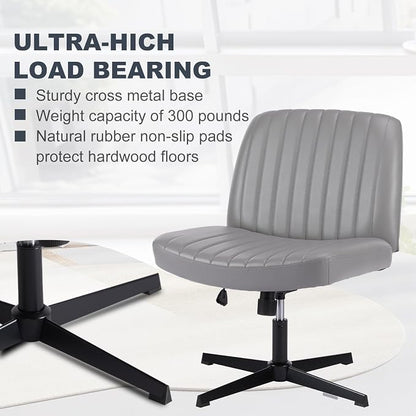 OLIXIS Criss Cross Legged Chairs Armless No Wheels Wide Seat Height Adjustable Swivel Padded PU Leather Home Office Desk Chair for Bedroom, Student, Study Room,Grey