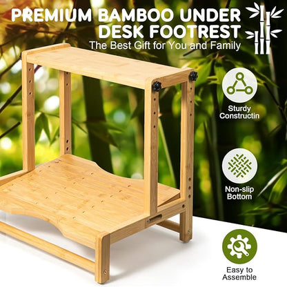 Two-Tier Bamboo Desk Footrest, Adjustable Ergonomic Leg Rest with Cushion | Adjustable 4 Heights Leg Rest with Removable Cushion, Wide Ergonomic Platform Ideal for Office, Gaming, and Study
