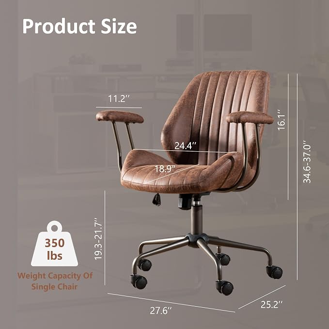 Mid Back Home Office Chair, Mid Century Modern Leather Computer Desk Chair, Comfy Executive Rolling Swivel Task Chair with Wheels Armrest Height Adjustable,Dark Brown