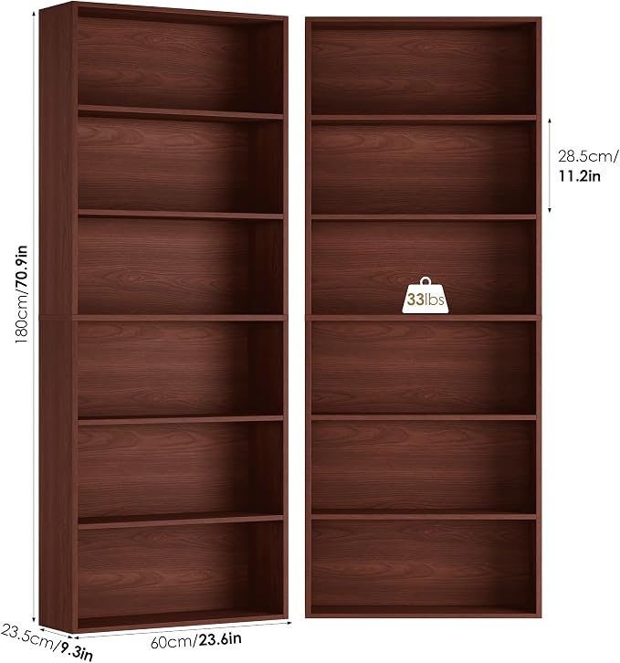 FOTOSOK 6-Tier Open Bookcase and Bookshelf, Freestanding Display Storage Shelves Tall Bookcase for Bedroom, Living Room and Office,Cherry Set of 2