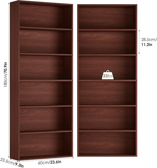 FOTOSOK 6-Tier Open Bookcase and Bookshelf, Freestanding Display Storage Shelves Tall Bookcase for Bedroom, Living Room and Office,Cherry Set of 2