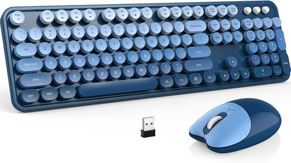 MOFII Wireless Keyboard and Mouse Combo, 2.4 GHz Full-Size Retro Round Keyboard and Mouse, Plug and Play, 8 Multimedia & Shortcut Keys for Mac, Windows, Laptop/Desktop/PC - Blue Gradient