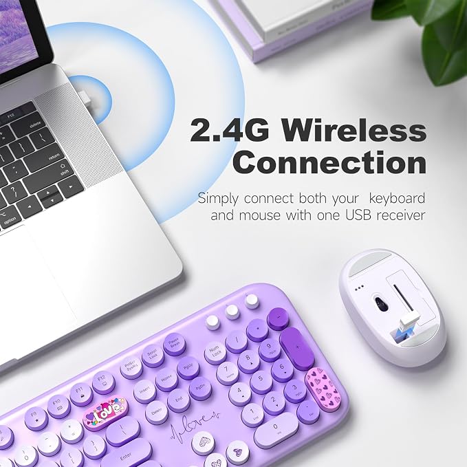 MOFII Wireless Keyboard and Mouse Combo, Full-Size Retro Typewriter-Style Wireless Keyboard with Optical Mouse for Computer/Laptop/Windows/Mac (Purple Mixed)