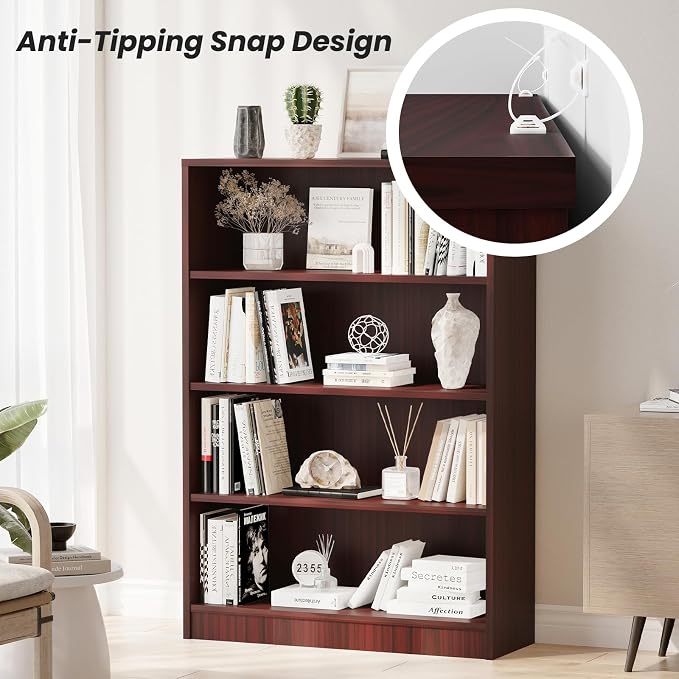 Farini 48 Inch Tall Bookcase,4 Shelf Bookshelves,Adjustable Bookshelf for Home Office,Mahogany