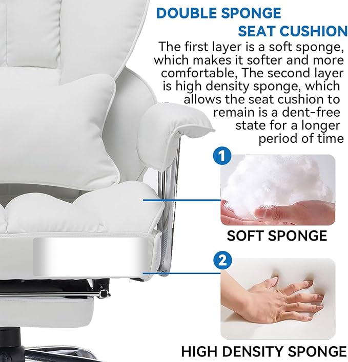 Efomao Big and Tall Office Chair 400lbs, Executive PU Leather Desk Chair with Footrest & Lumbar Support, Heavy Duty Computer Seating for Home, White | 400lbs support, 135° recline, dual-layer foam cushion, 23.5" seat & footrest. BIFMA