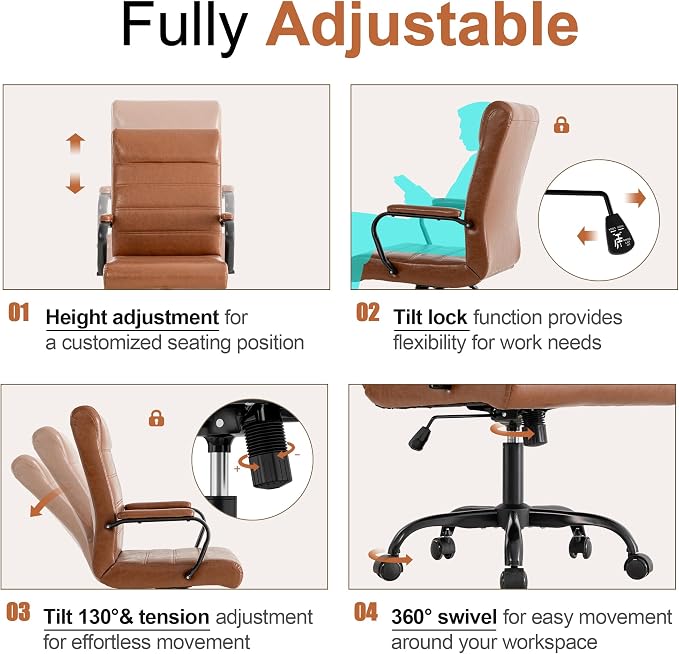 Office Desk Chair,Modern Leather Conference Room Chairs,High Back Home ofiice Chair,Adjustable Height Swivel Executive Computer Chair with Armrest and Padded Seat,Brown with Black Frame