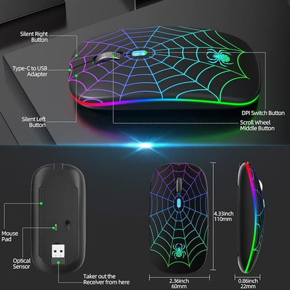 MMK for Wireless Mouse, Led Mouse Portable Mobile Optical Cordless Mouse with USB and Type C Receiver, 3 Adjustable DPI Wireless Computer Mouse for Mac Book, Laptop, Desktop,Windows, PC - Black