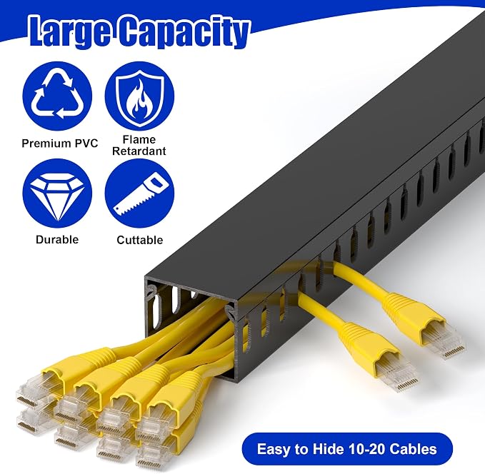 ZhiYo H1.4 x W1.6in Server Rack Cable Management Raceway, 12ft (4xL3ft) Cable Duct Kit, Electrically Safe PVC for Network Wire Management, Open Slot Cord Hider for Computer Under Desk, Black